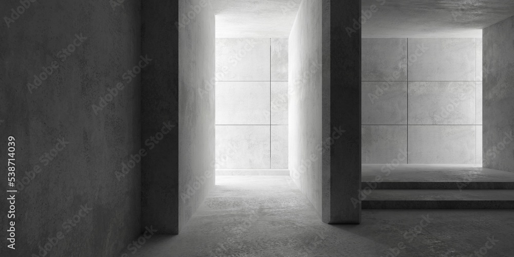 Abstract empty, modern concrete room with central separating wall, steps and rough floor - industrial interior background template Abstract empty, modern concrete room with central separating wall, steps and rough floor - industrial interior background template