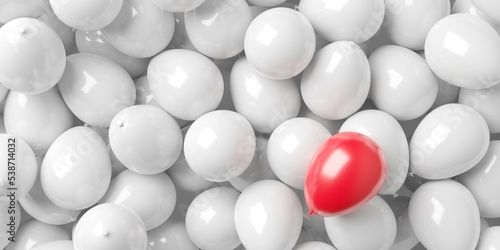 Heap of white balloons with on red balloon above  standing out  being different or leadership concept