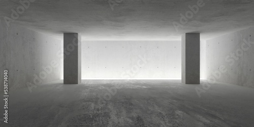 Abstract large, empty, modern concrete room with ceiling opening in the back, pillars and rough floor - industrial interior background template