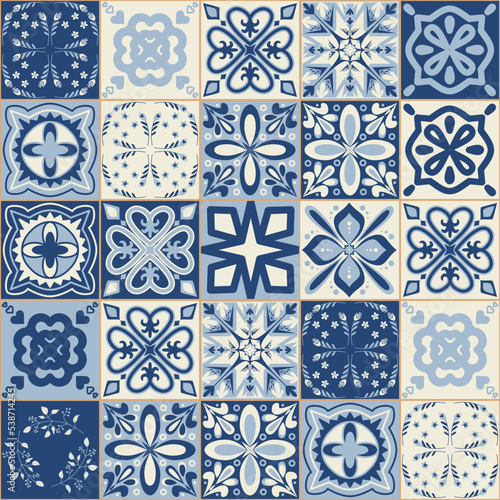 Azulejo blue portuguese style ceramic tiles, vintage symmetrical pattern for wall decoration, vector illustration for design