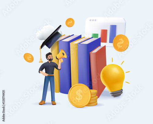 3D Financial education render illustration set. Student 3D characters investing money in education and knowledge.
