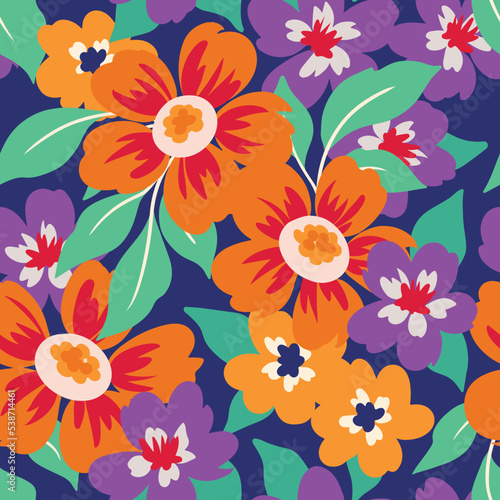 Seamless floral pattern  colorful ditsy print with cute bright flowers  summer meadow on a blue background. Cute floral design with hand drawn flowers  leaves in vintage style. Vector illustration.
