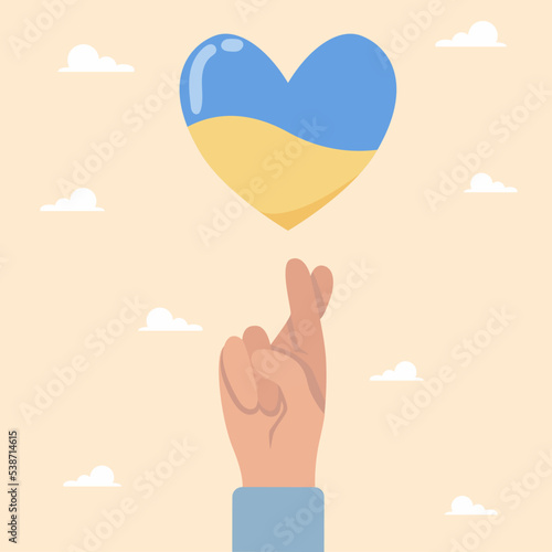 Support Ukraine, the hand shows a heart in the colors of the Ukrainian flag. Donation and volunteering concept. Vector illustration in flat cartoon style.