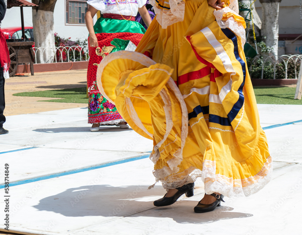 mexican fiesta party with traditional dancers ballet wearing typical latin hispanic colorful dresses of mexico