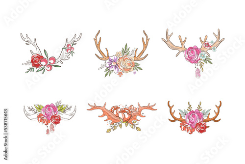 Beautiful Deer Antlers or Horns with Blooming Flowers Bouquet Vector Set