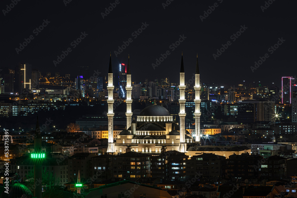 Kocatepe Mosque.View of Ankara silhouette from 50 year anniversary park in the evening. Ankara, Turkey.