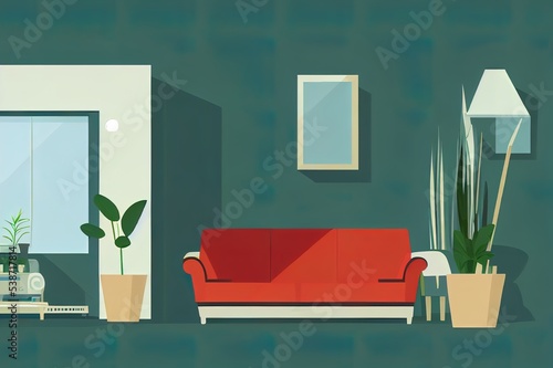 Living room interior. Comfortable sofa  TV  window  chair and house plants. 2d illustration flat illustration
