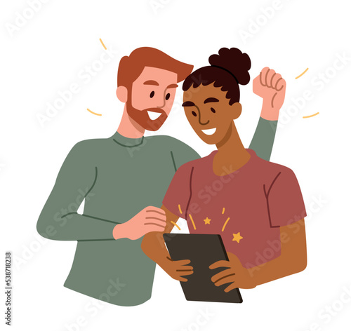 Couple celebrating victory. Man and woman look at screen of tablet in anticipation of good news. Advertising graphic element for website. Teamwork, partnership. Cartoon flat vector illustration