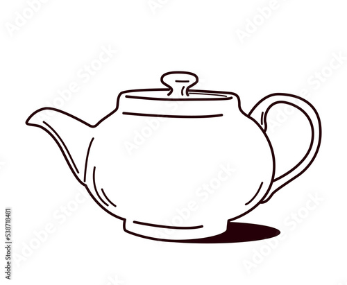 Tea pot icon. White ceramic dishes and kitchen utensils. Hot drinks and brewing tea or coffee. Comfort and coziness in apartment. Poster or banner for website. Cartoon flat vector illustration