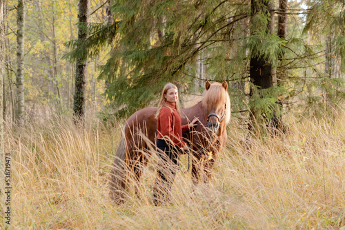 Young woman with Icelandic horse in tall grass during golden hour. Sun is setting and still visible Autumn scenery