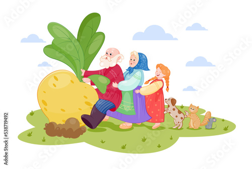 Russian fairy tale Repka. Characters from children book. Mouse, cat, dog, granddaughter, grandmother, grandfather, turnip. Design element or drawing for education. Cartoon flat vector illustration