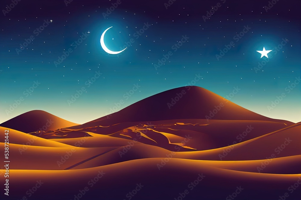 Ramadan Kareem desert Night landscape. arabic text translate Muslim Religion Holy Month. The starry sky on desert with crescent moon. 2d illustration.
