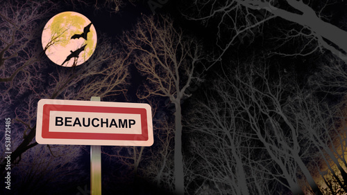 Thème Halloween panneau de la ville de Beauchamp. Entrée dans la municipalité. Illustration avec espace pour le texte photo
