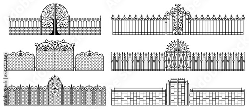 Decorative fences and gates. Set of vintage wrought metal fences with gates. Isolated black silhouette on white background. Vector illustration