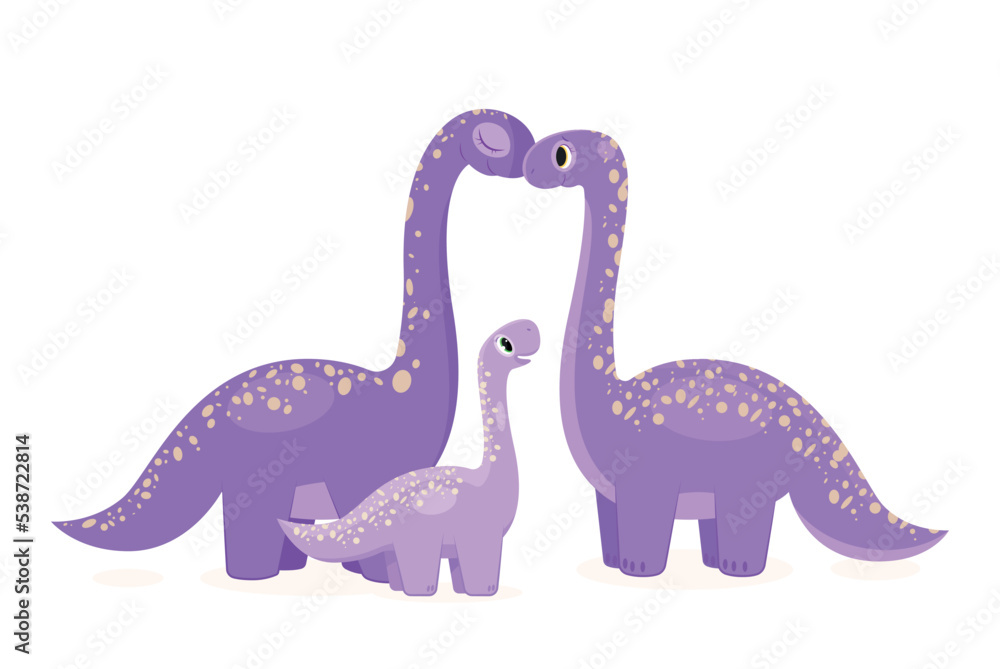 Cute dino mom and baby. Violet animals BC. Sticker for social networks and messengers. Fairy tale, imagination and fantasy, adorable family of fictional characters. Cartoon flat vector illustration