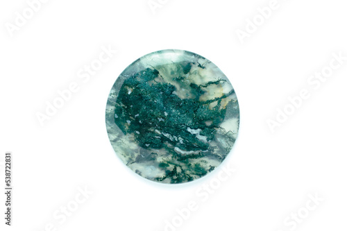 Photos green moss agate (chalcedony crystal with green dendritic inclusion)  macro detail white isolated background