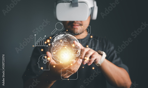 Slika na platnu man wearing VR glasses and accessing the Technology Internet, multimedia, Storage Network connection Concept And a large database big data Through internet technology