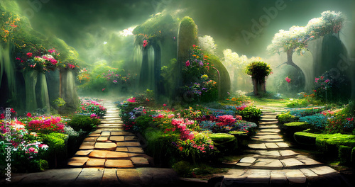 Enchanted garden with two paths to good and evil. Fairy tale landscape, elves and mythological beings.