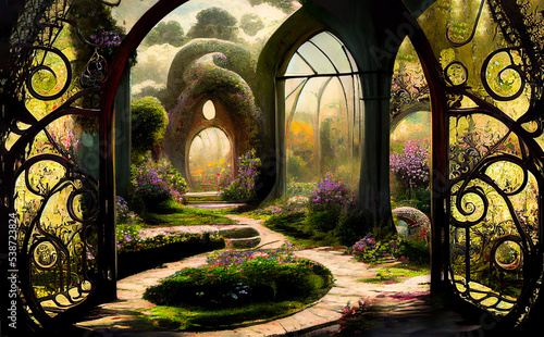 Enchanted garden with wrought iron gate and colorful flowering plants. Illustration with fairy tale landscape. Magic labyrinth.