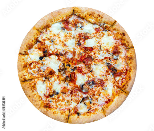 Fresh tasty pizza with pepperon, cheese and mushrooms isolated on white background. Top view