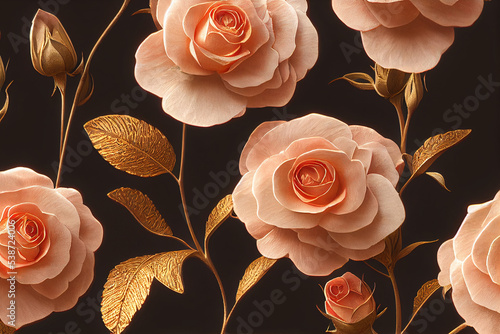 Elegant pink rose flower with gold leaves composition on black background. 3d illustration. Holiday greeting card concept
