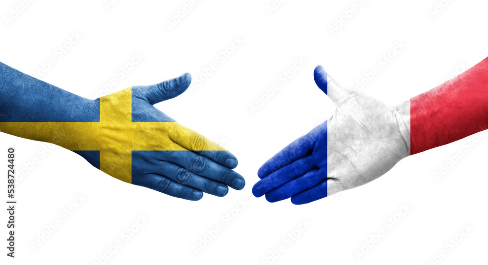Handshake between France and Sweden flags painted on hands, isolated transparent image. Handshake between France and Sweden flags painted on hands, isolated transparent image.