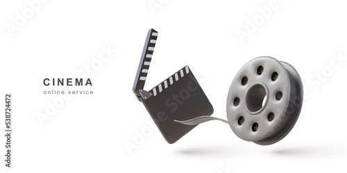 3d Online service  poster design with clapper and film-strip reel tape. vector illustration.