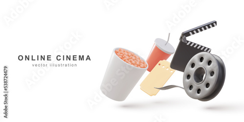 Watching feature films in online cinema with popcorn, drink and film strip concept. Vector illustration.