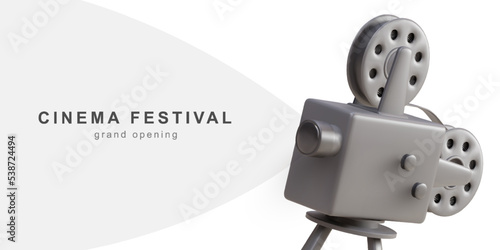 3d realistic cinema festival poster with old fashioned movie camera. Movie background with words Grand opening. Vector illustration.