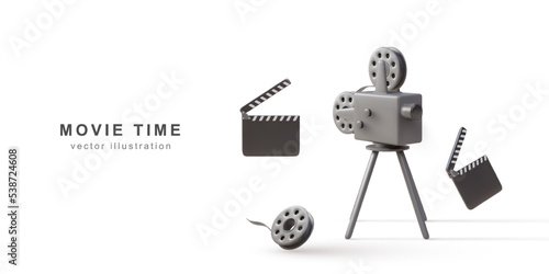 3d Vintage camera, cinema clapper and reels. Vector illustration.