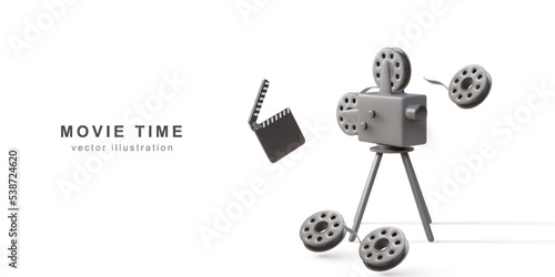 3d realistic Vintage camera, cinema clapper and reels. Vector illustration.