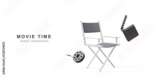 Cinema Industry Concept. 3d realistic Director Chair, cinema clapper and Film reels on white background. Vector illustration.