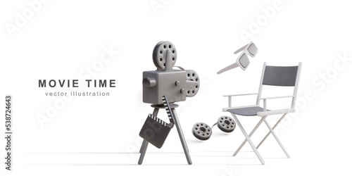 3d realistic retro camera, clapperboard, Film reels, glasses and director chair. Vector illustration.