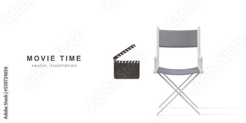 Cinema Industry Concept. 3d realistic Director Chair, cinema clapper on white background. Vector illustration.