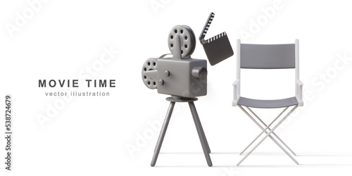 3d realistic retro camera, clapperboard and director chair. Vector illustration.