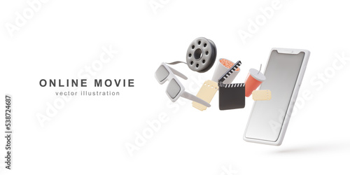 Mobile Movie Theater, Cinematography and Filmmaking, Ticket Ordering. Template for Web Banner or Website Landing Page. Vector illustration.
