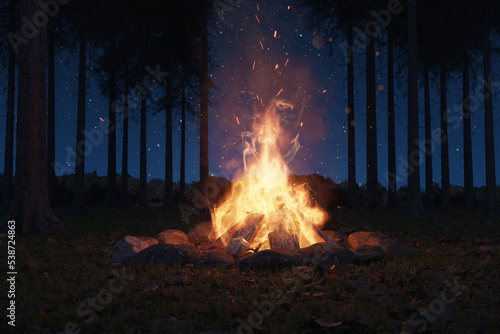3D rendering of big bonfire with sparks and particles in front of pine trees and starry sky