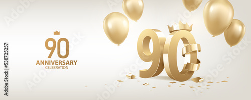90th Anniversary celebration background. 3D Golden numbers with a crown, confetti and balloons.
