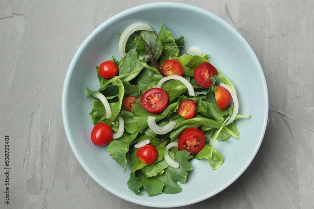 arugula salad of cherry tomato iceberg and sweet onions with a dressing in a setlo blue plate on a gray background with space for text. Healthy delicious food vegetables vitamins arugula salad of cherry tomato iceberg and sweet onions with a dressing in a setlo blue plate on a gray background with space for text. Healthy delicious food vegetables vitamins