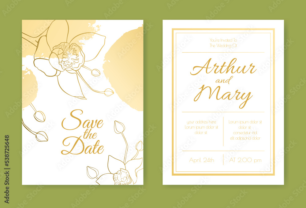 Wedding invitation layout with large outline orchid buds, abstract golden paint blots. Hand drawn vintage ink flowers. Trendy festive design. Decorative art element. Romantic holiday card. Two sides.