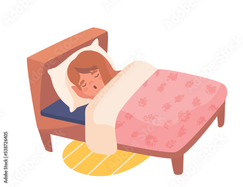 Kid girl sleeping. Character lies on bed under covers. Comfort and coziness in apartment. Rest and recuperation, dreams. Daily routine concept. Poster or banner. Cartoon flat vector illustration