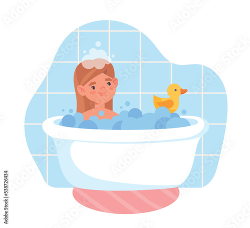 Kid girl in bath. Charming young character in bathroom with bubbles and yellow duck. Daily routine and activity. Clean and health care, hygiene. Soap and gel. Cartoon flat vector illustration
