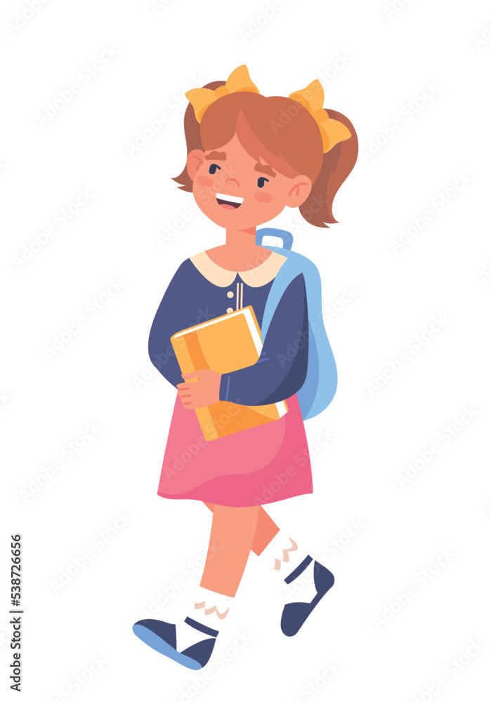 Kid girl going to school. Schoolgirl with book in hands and backpack on her back goes to class. 1 September day of knowledge. Education, training and learning. Cartoon flat vector illustration Kid girl going to school. Schoolgirl with book in hands and backpack on her back goes to class. 1 September day of knowledge. Education, training and learning. Cartoon flat vector illustration