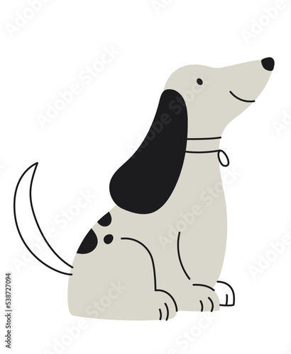 Grey cute doodle dog. Charming puppy sits and looks up. Graphic element for website, poster or banner. Toy or mascot for children. Outline drawing, hand drawn. Cartoon flat vector illustration