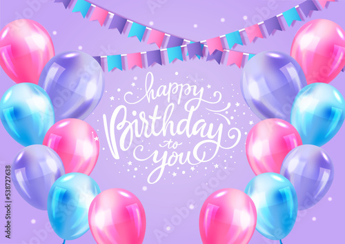 Vector happy birthday to you greeting card template. Greetings card happy birthday design decorated with 3d colorful balloons. a4 a5 printable template