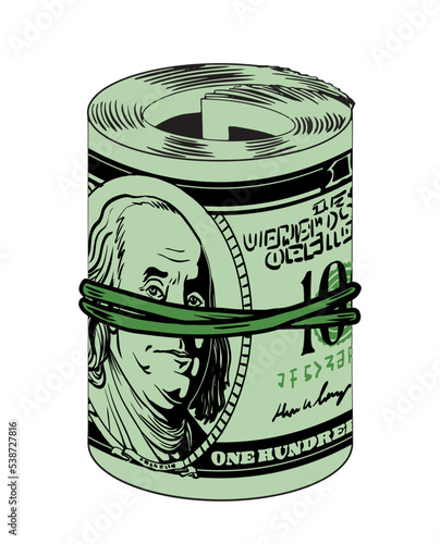 Roll of dollars. Money and cash, bunch of bills and banknotes. Sticker for social networks and messengers. Green currency. Symbol of economy, trading and business. Cartoon flat vector illustration