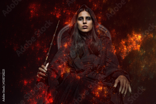 Witch casting a fire spell, wreaking havoc, sitting on her dark throne