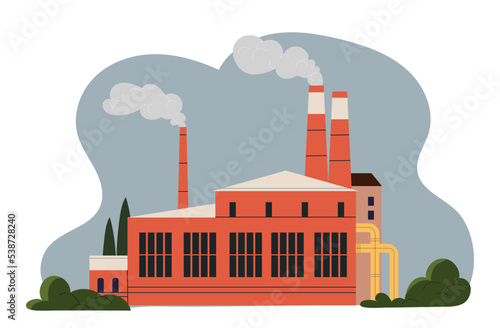 Red factory concept. Large buildings with chimneys that emit smoke. Production of goods, processing. Industrial era, release of hazardous waste and substances. Cartoon flat vector illustration