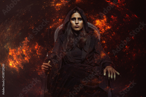 Witch casting a fire spell, wreaking havoc, sitting on her dark throne