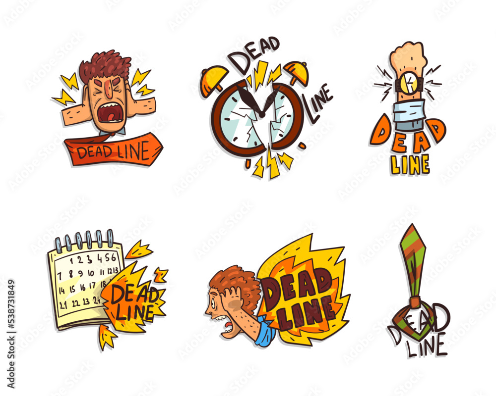 Deadline and Time Limit Labels with Screaming Man, Tie, Broken Clock and Calendar Vector Set